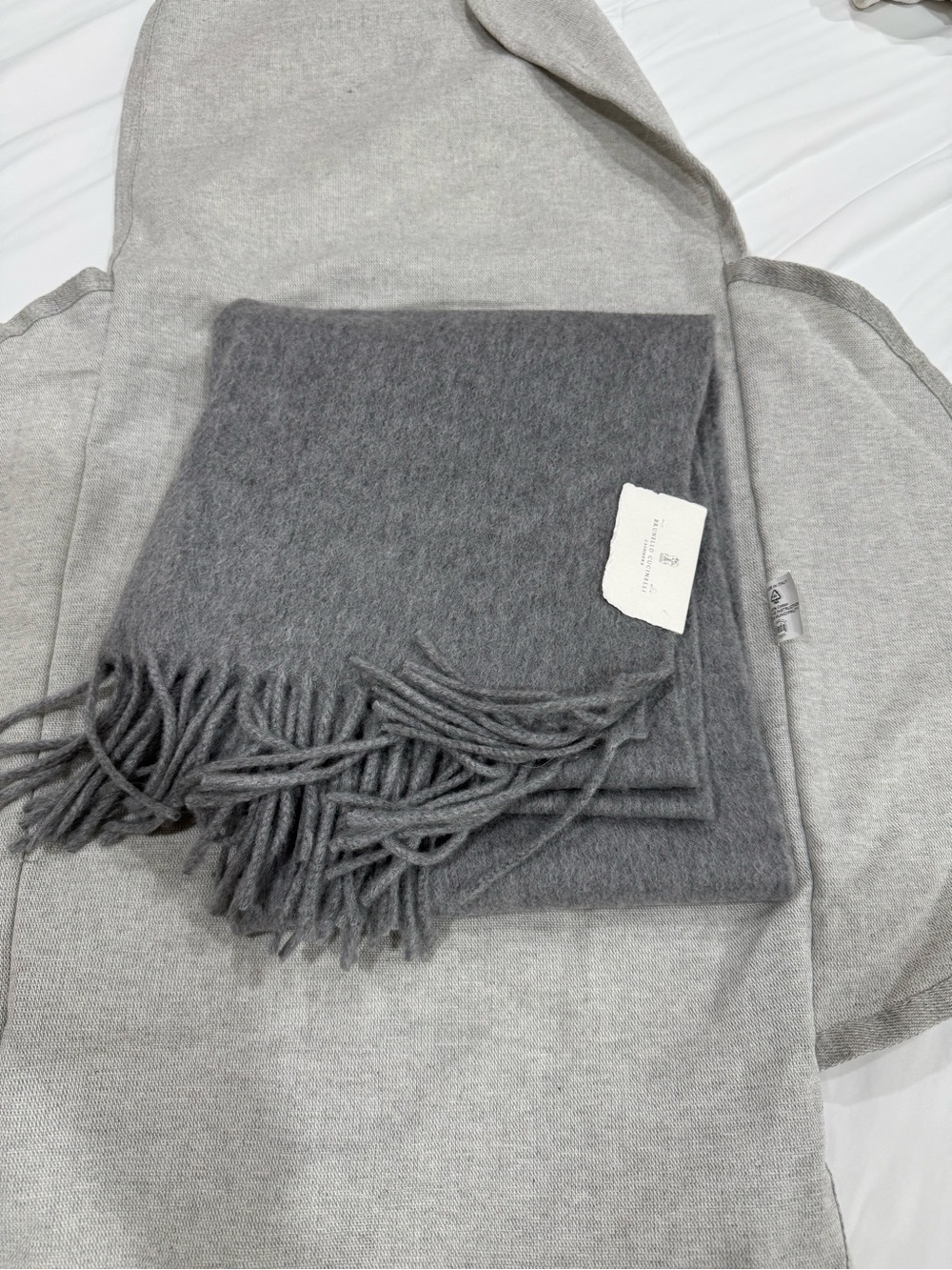 Brunello Cucinelli Gray Fringe Cashmere Scarf